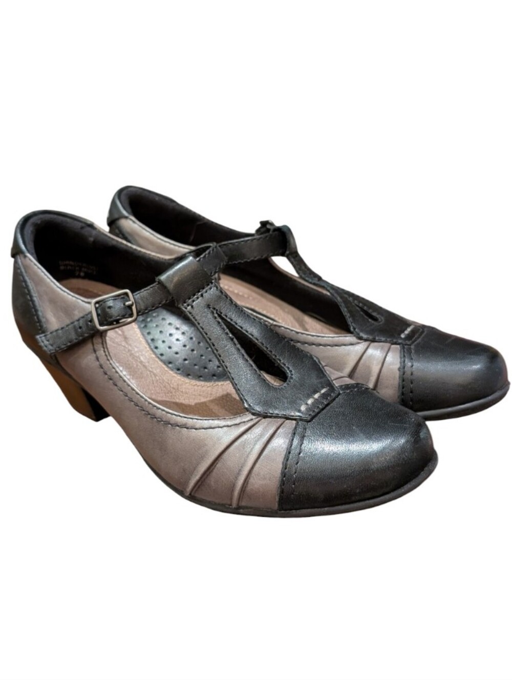 Earth Wanderlust Black Grey Leather T-Strap Mary Jane Heels Comfort Pump Size 7